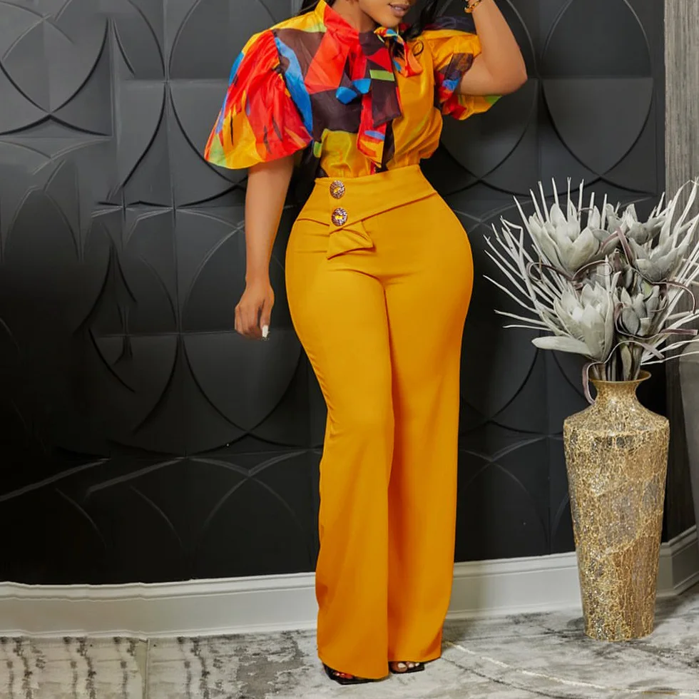 Stylish Business Suits Women Summer Print Stand Up Collar Long Sleeved Shirt Top Wide Leg Pants Cocktail Elegant Two Piece Set