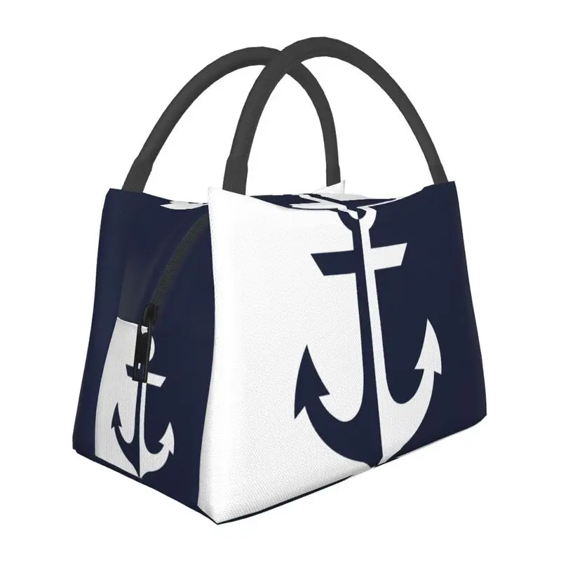 

Nautical White And Navy Blue Anchor Resuable Lunch Boxes Women Leakproof Navy Navigation Thermal Cooler Food Insulated Lunch Bag