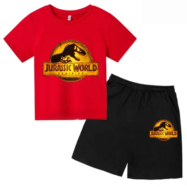 thumbnail image 1 of Conjunto de 2 piezas de camiseta y pantalones cortos con estampado de dinosaurio de Jurassic Park para niños y niñas, con estampado de dibujos animados de verano, 1 of 5