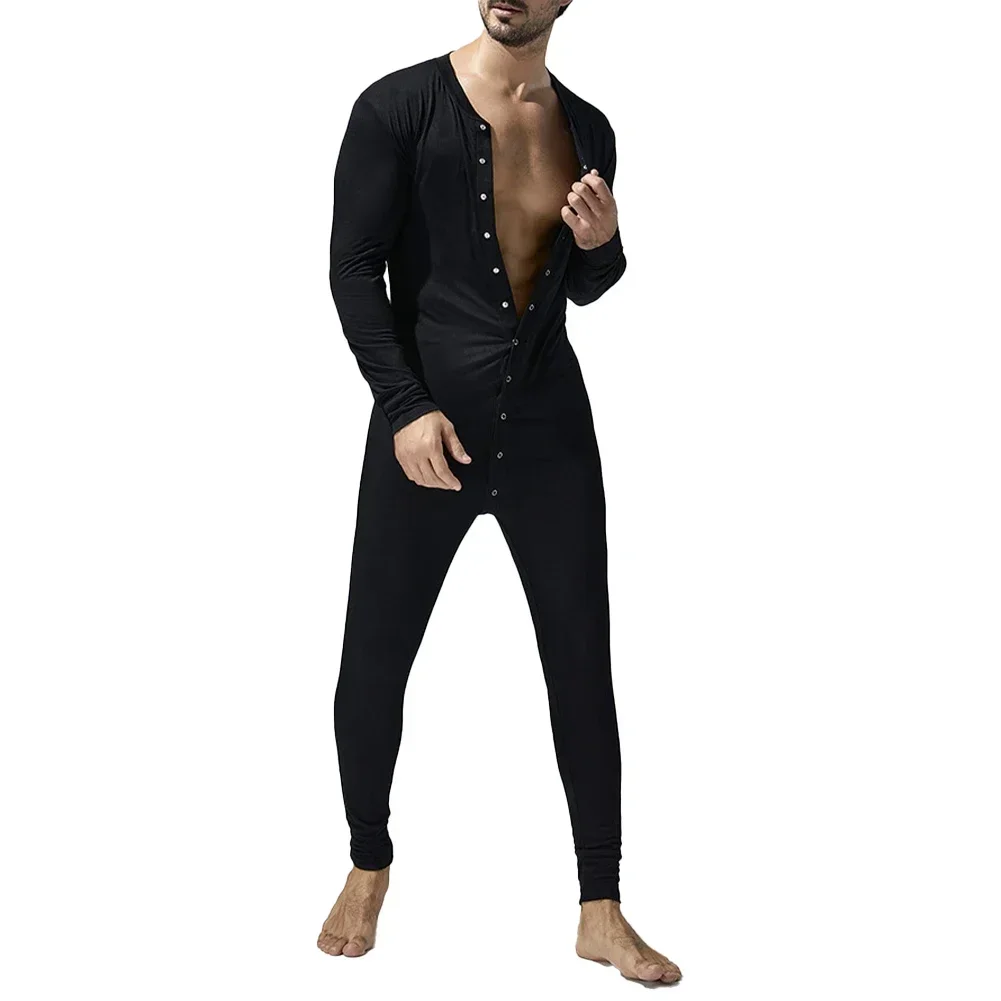 Men Jumpsuits Bodysuits Pajamas Button Down Long Sleeve Sleepwear M-XXL
