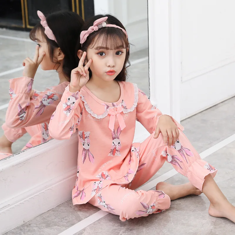 

New Spring Autumn Girl Pajamas Set Kids Home Cloth Girls Pyjamas Cotton Long Sleeve Lace Cute for Children Princess Sleepwear
