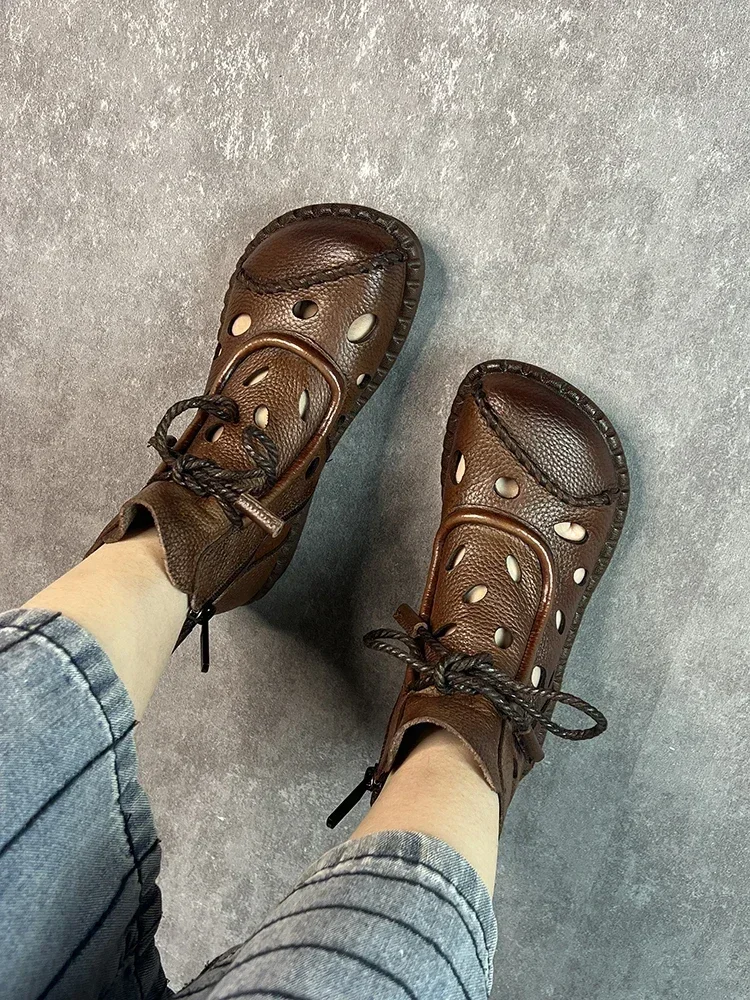 

Birkuir Retro Genuine Leather Ankle Boots For Women Handmade Hollow Out Zippers Platform Shoes Lace Up Luxury Casual Short Boots