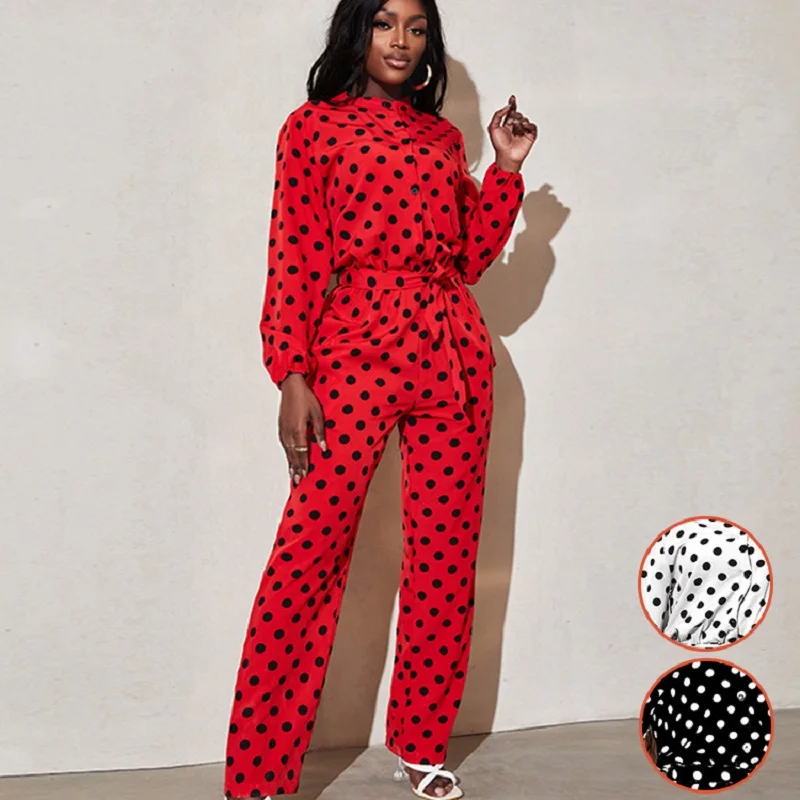 

Wepbel Polka Dot Jumpsuit Women Printed Casual Long-Sleeved Jumpsuit High Waist Shirt Tops Romper Straight Pants Jumpsuits