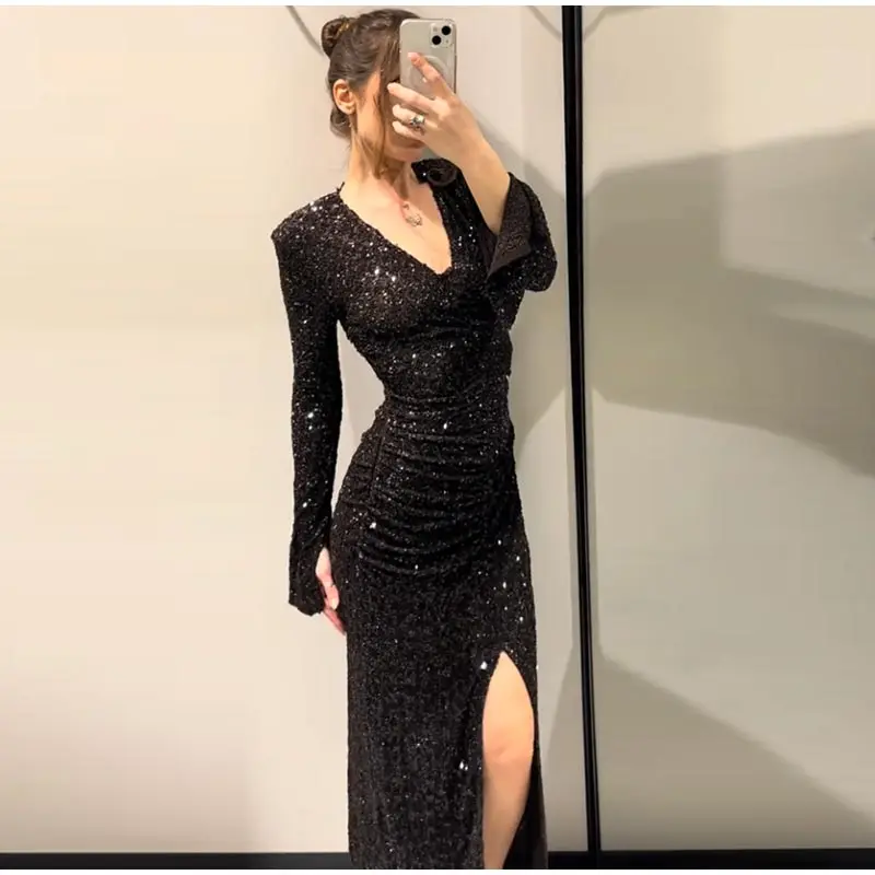 Frauen Party Kleid Sexy Tiefem V-ausschnitt Pailletten Split Volle Hülse Hüfte Paket Kleider Weibliche 2025, Herbst Frau Abend Vestidos – Detail 4