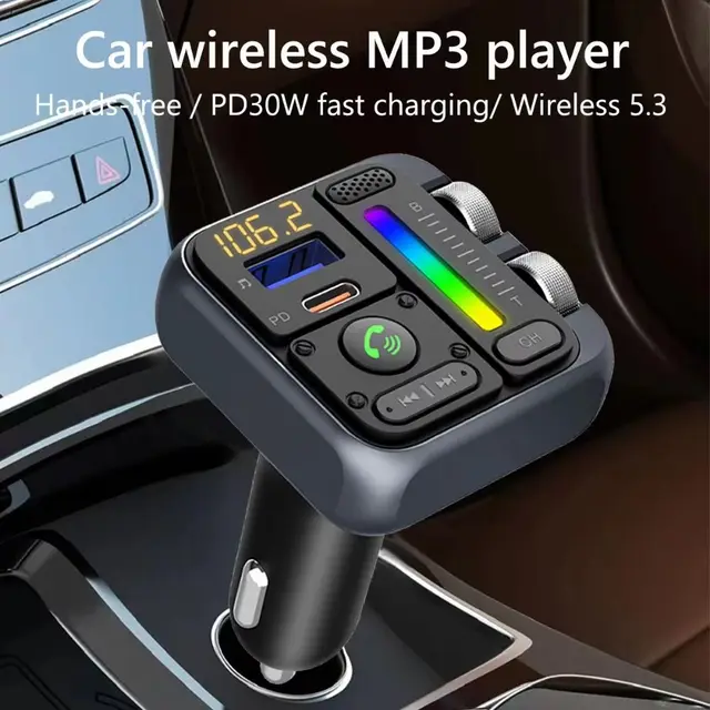 5V/2.4A Bluetooth 5.3 FM Transmitter Colorful Atmosphere Light Digital Display Car MP3 Music Player Support USB Flash Drive 4