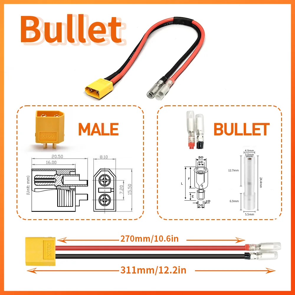 Electric Bike Battery Cable Adapter PP30/XT60/Bullet Battery