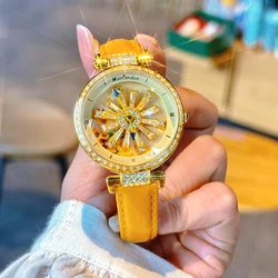 Elegant Women's Diamond - Accented Galaxy Dial Quartz Watch with Sunflower Design (Gold)