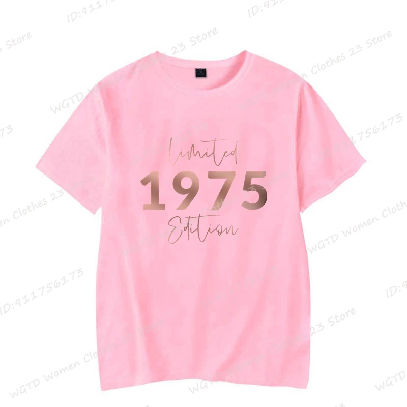 Limited Edition 1975 Vintage T-Shirts mit Buchstaben-Print zum 70. Geburtstag, lässiges Damen-Kurzarmshirt mit Rundhalsausschnitt für Sommer und Frühling – Detail 5