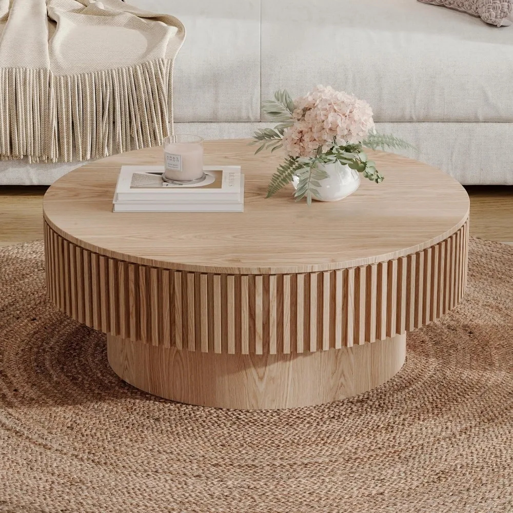 31.5'' Natural Coffee Table Modern Handcraft Drum Round Circle Wooden Solid Wood Veneer Tea Table for for Living Room Apartment 6