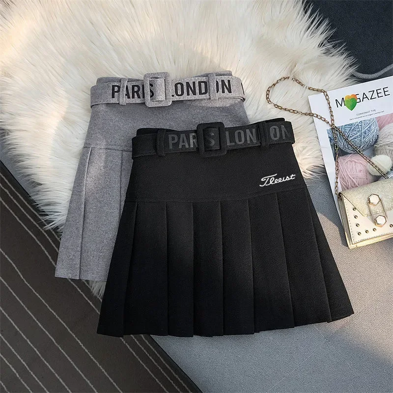 Autumn and Winter Women's Golf Clothing Thick High Waist Pleated Wool Golf Skirt LuxuryBrand GolfClothing Women's Free OriginalBelt sports skirt