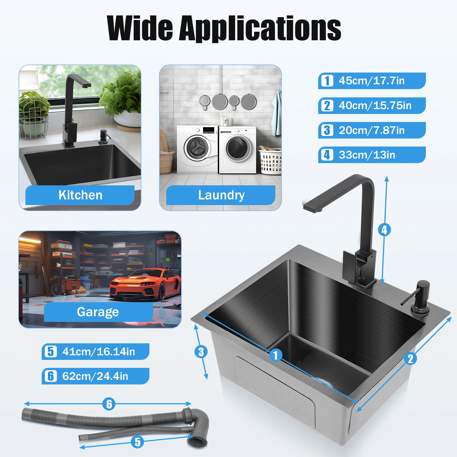 Edelstahl-Küchenspüle mit Wasserhahn, Unterbau/Unterputzmontage, 40,6 cm, großes Einzelbecken, Seifenspender, Abflusskorb für die Küche – Detail 7