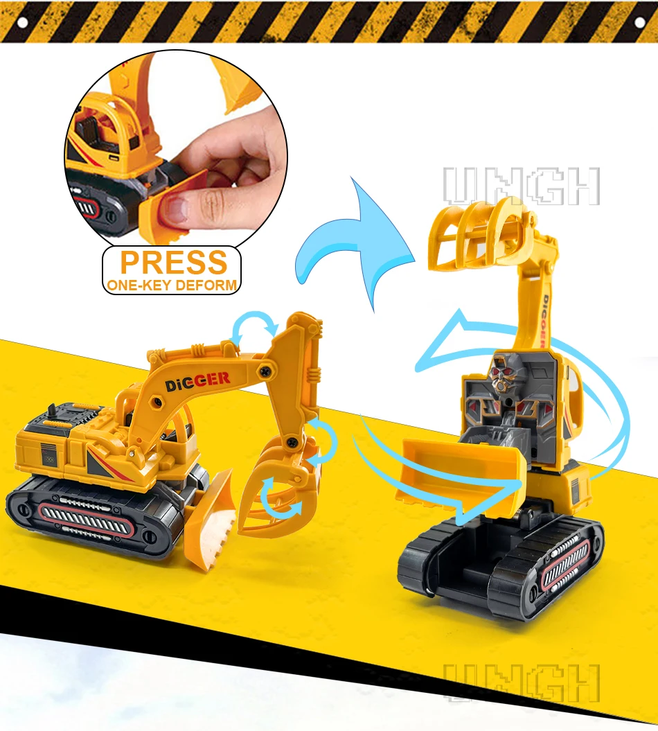 UNGH 10cm One-key Deform Car Diecast Transformation Excavator TrucK Model Toy for Children Boy Games Inertial Engineering Carbot hot wheels monster truck