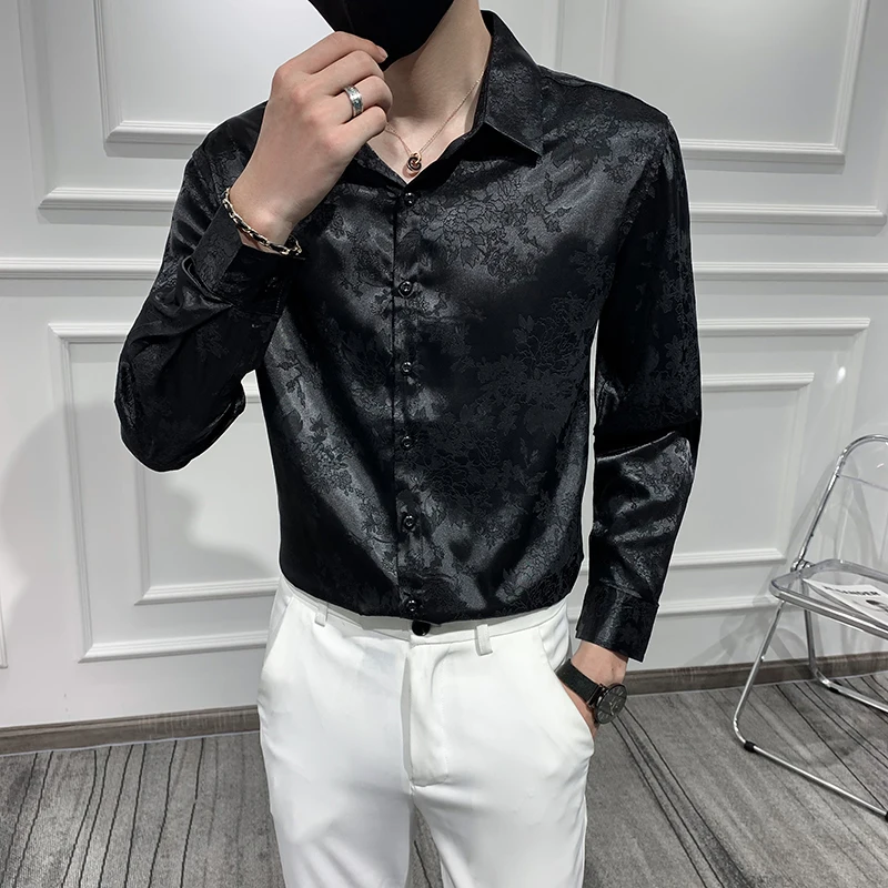 Complete Elegant Man Luxury White Silk Dress Shirt Mens Dinner Party Dress  Flowers Satin Shirts Smooth Gentleman Clothing Black