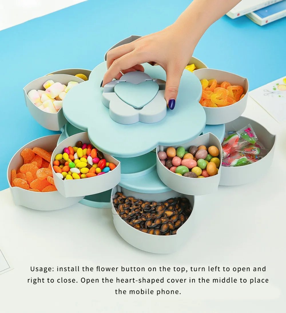 Petal-Shape Rotating Snack Box Candy Tray Food Storage Box Fruit