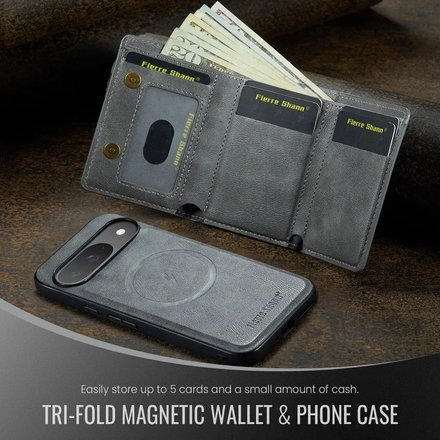 Magnetic Detachable Leather Wallet Phone Stand with Wireless Charging Capability