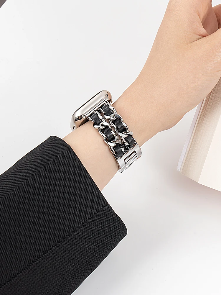 Premium Leather and Metal Wristband Strap - Elegant Design