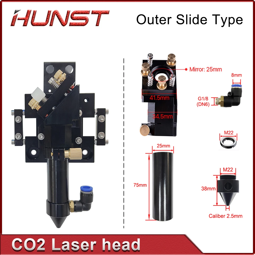 Hunst CO2 Outer Rail Laser Head With Slider Motor Seat Air Assist Nozzle for D25mm Mirror Lens Dia.20mm FL 50.8/63.5/101.6mm .
