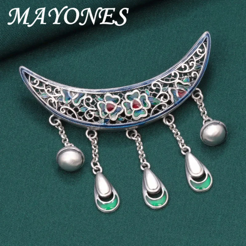 

MAYONES 925 Sterling Silver Enamel Elbow Crescent Shape Pendants For Women Vintage Style Small Flower Tassel Choker Pendant DZ0