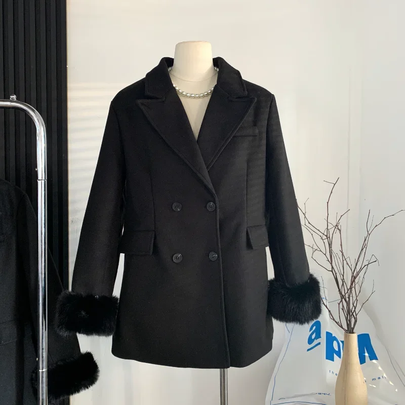 black-woolen-suit-quilted-jacket-waist-long-sleeve-imitation-fox-hair-luxury-elegant-slim-french-small-fragrance-coat-women-coat