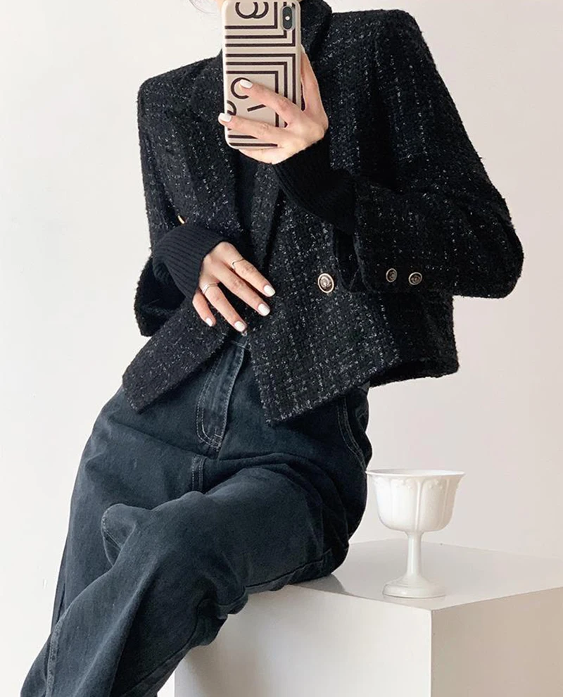 Classic Crop Blazer  Women’s Vintage Black Blazers Womens Elegant Short Jacket Korean Autumn Winter Tweed Cropped Suit Coat Tops Retro Casual Petite and Plus size Outerwear for Woman