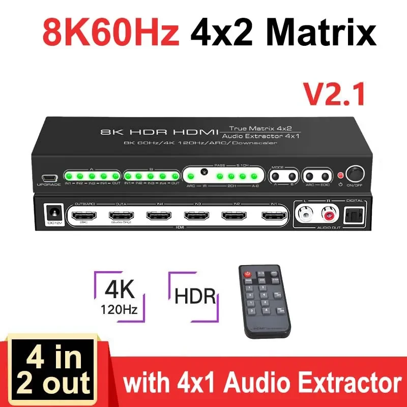 HDMI Matrix 4x2 4K HDMI Splitter 4 In 2 Out Video Switch Audio Extractor HDR10 ARC 8K 60Hz 4K120Hz HDMI2.1 av switch hdmi splitter for PS5 XBOX PC