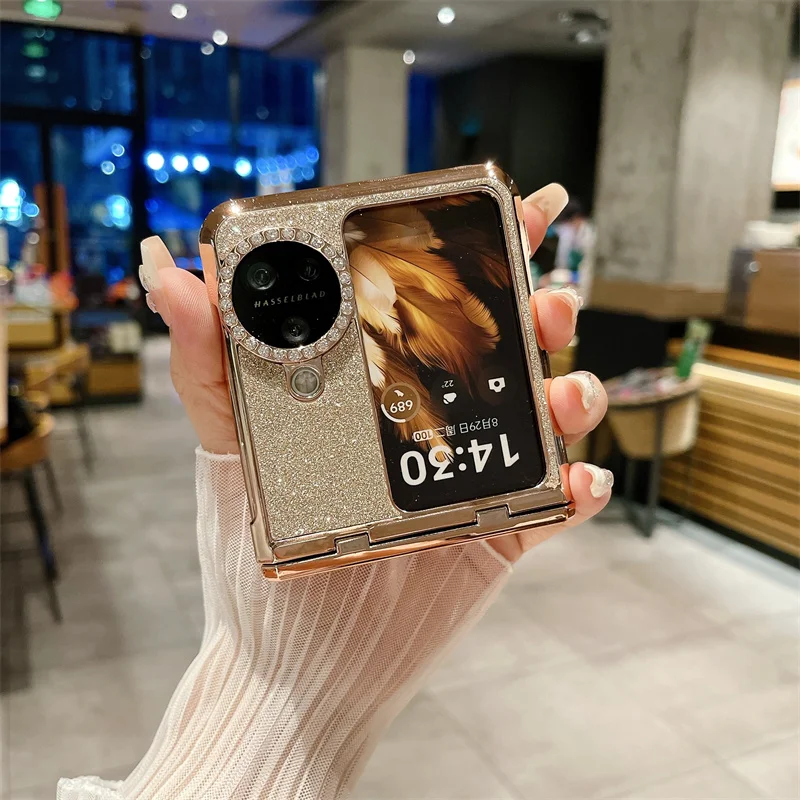 Rhinestone Glitter Bling Pu Leather Trim Phone Case For OPPO Find N3 Flip Hinge Plating Plastic Back Cover