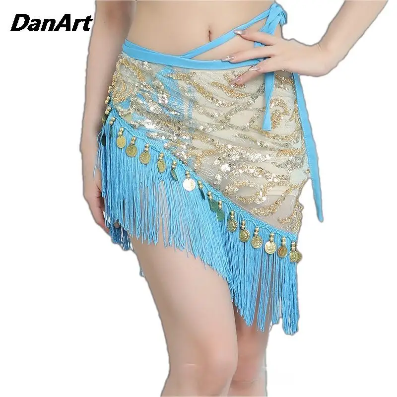 

Lady Sexy Belly Dance Hip Scarf with Sequins Tassel Hanging Coin Adjustable Wrap Hip Waist Chain India Dance Practice Hip Skirt