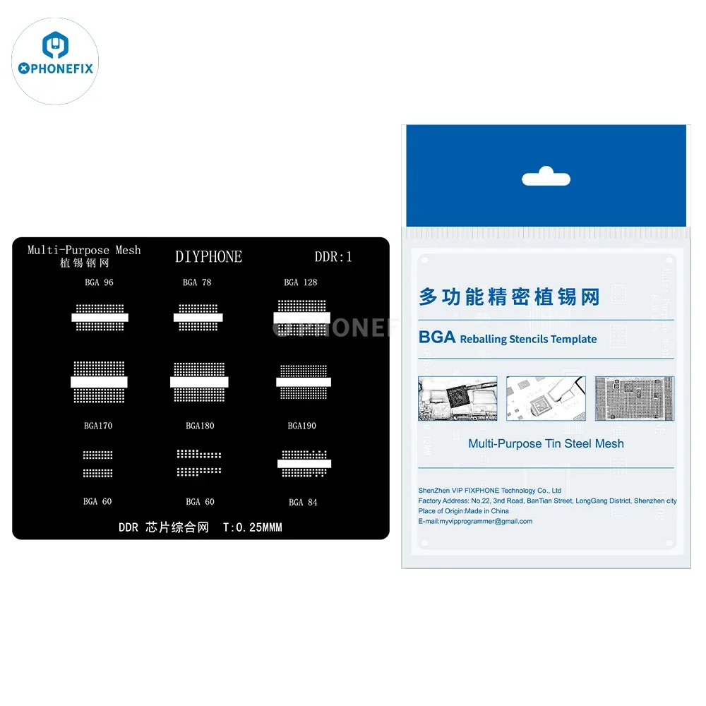 

Phonefix DDR1 Sliver Black IC 0.25mm BGA Reballing Stencil For DDR BGA78 BGA96 BGA128 BGA190 BGA180 BGA170 BGA60 BGA84 Chip