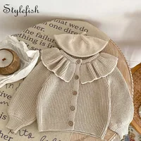 Spring and Autumn Infants' 0-3 Year Old Girl Baby Fashion Ruffle Collar Knitted Coat Small Cardigan Sweater Top