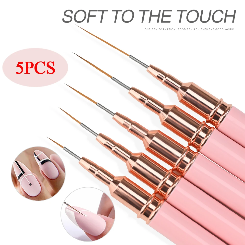Набор кистей для дизайна ногтей, 5 шт., 5 разных размеров (6,5/9,5/12/15/20 мм), удлиненные линии, ручка для рисования, розовая кисть для граффити
