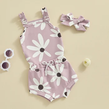 Baby Girl Summer Clothes Waffle Knit Floral Sleeveless Strap Romper Shorts Headband Infant Clothing Set 2