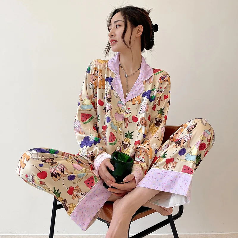 여성용 귀여운 강아지 프린트 잠옷, 레이지 스타일, 달콤한 홈웨어, 실크 잠옷, 용수철 가을 신상, 2024