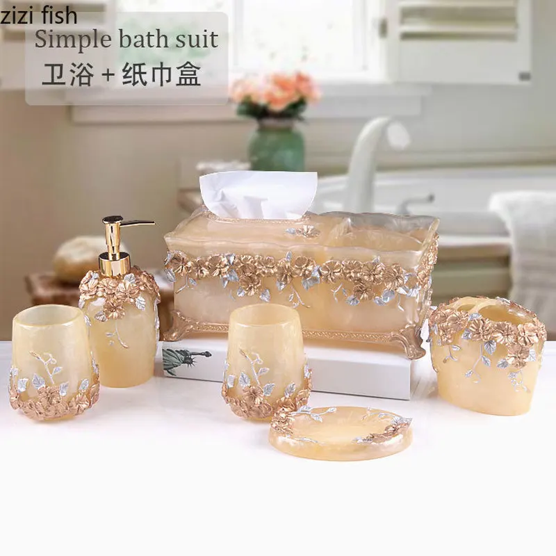 Fashion Bathroom Supplies Resin Five-piece Washbasin European Bathroom Supplies Toothpaste Storage Box Tissue Box bathroom accessories