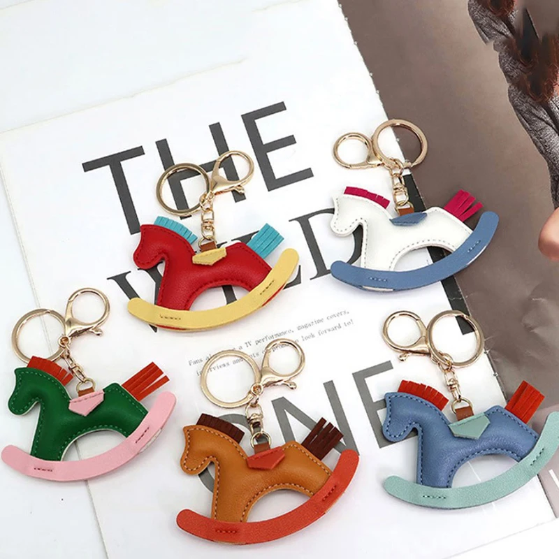 Women Leather Charms Bag Pendant KeyChain Cartoon Pony Rocking Horses Keyring Cute Animal Ornament Accessories Decoration Gift