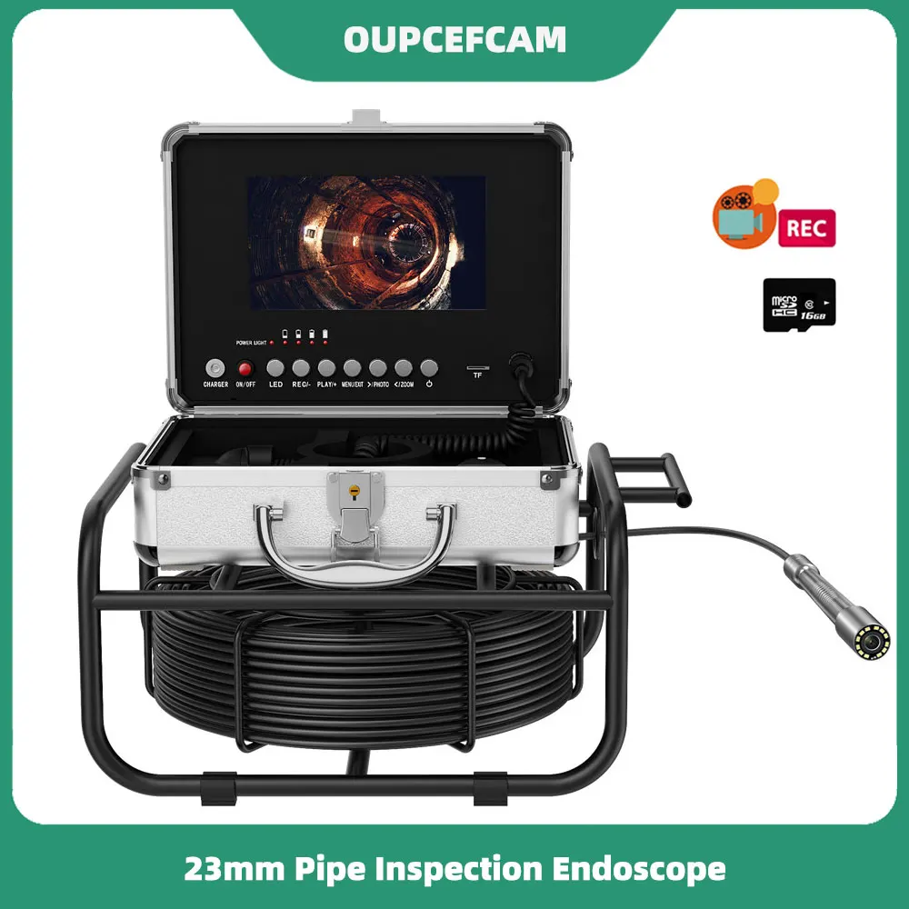 

23mm Sewer Pipe Inspection Camera Industrial Drain Video Endoscope 7" AHD Screen DVR 16GB TF Card 5mm Black Fiberglass Cable