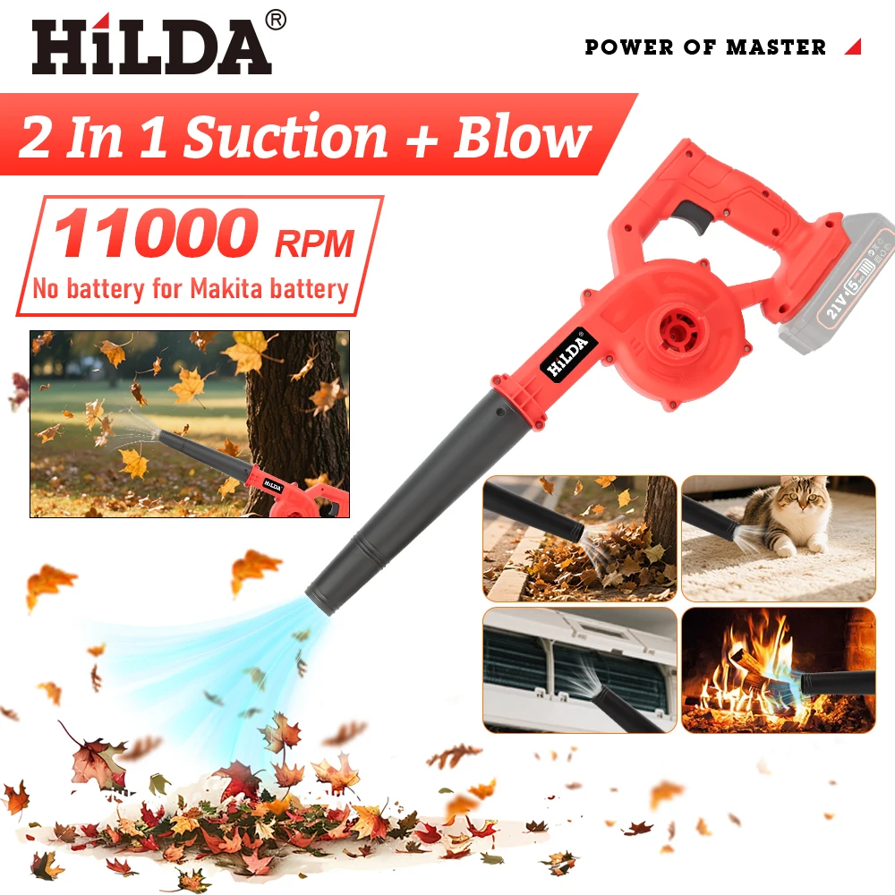 HILDA Electric Blower 2 in 1 Suction+Blow Leaf Blower Cordless Leaf Snow Vacuum Cleaning Power Tool For Makita 21V Battery air blower electric blower
