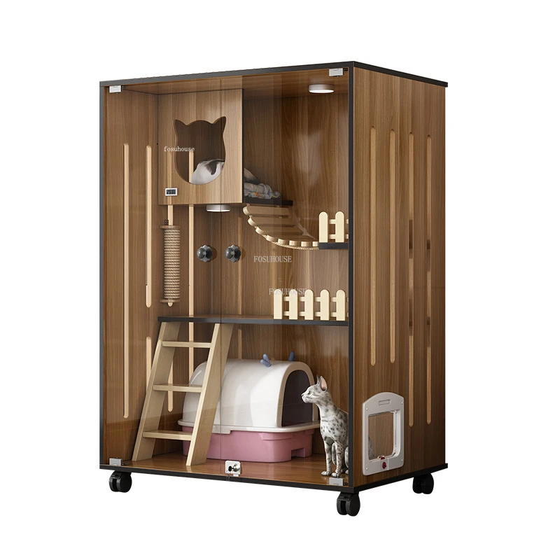 Nordic Solid Wood Cat Cages Indoor Transparent Glass Cat House Simple Panoramic Large Villa Household Waterproof Cage