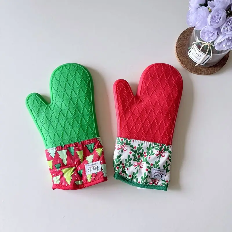 

Christmas Print Anti-heat Gloves Microwave Oven Heat Insulation Thickened Kitchen Accessories Baking Gloves Silicone Oven Mitts