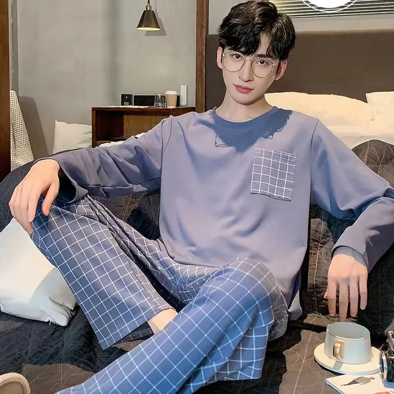 Pajamas Men Long Sleeves and Trousers Spring and Autumn Style Simple Breathable Nightwear Student Youth Loungewear Sleepwear pajama sets