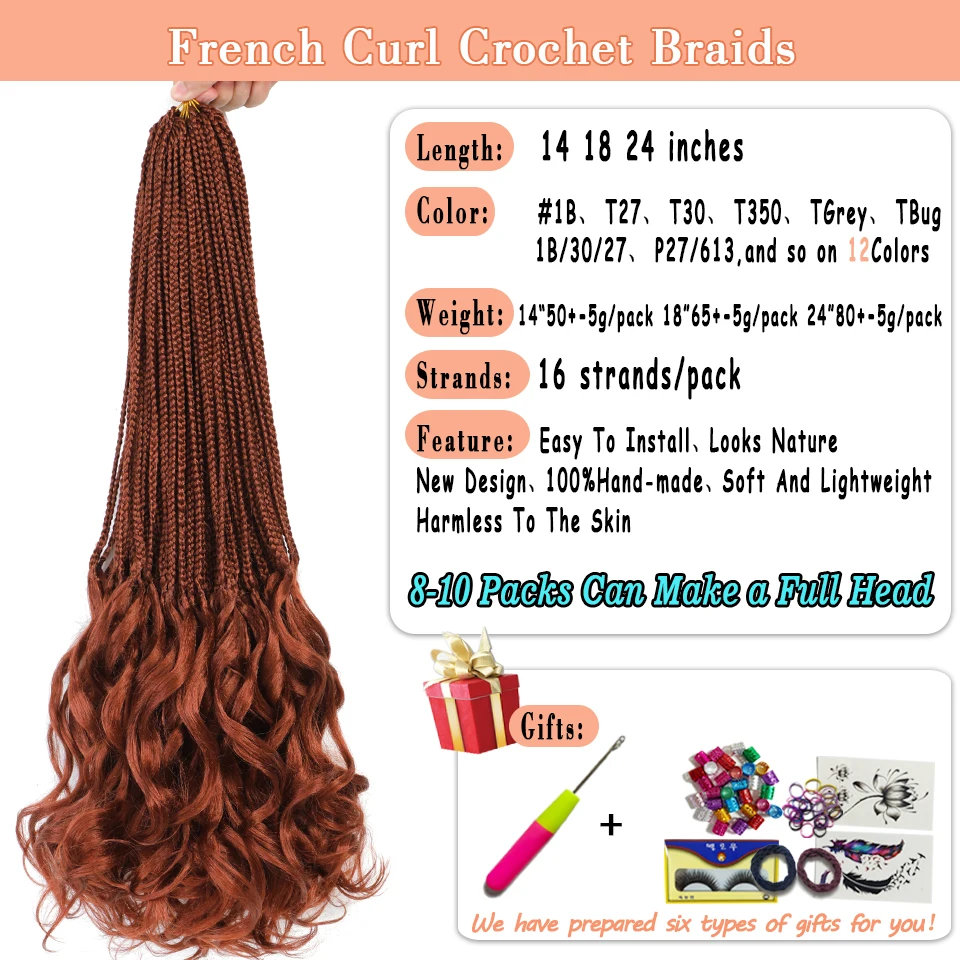 14 18 24 Inch Goddess Box Braids Crochet Hair French Curl Braid Hair Ginger Brown 350 Red French Curly Synthetic Extensions