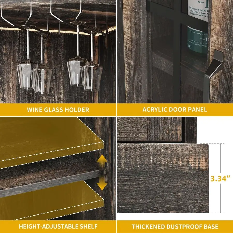 53 Corner Bar Cabinet, Farmhouse Wine Cabinet with Glass Holder amp LED Lights, 4Tiers Liquor Bar with Glass Door amp Shelves fo