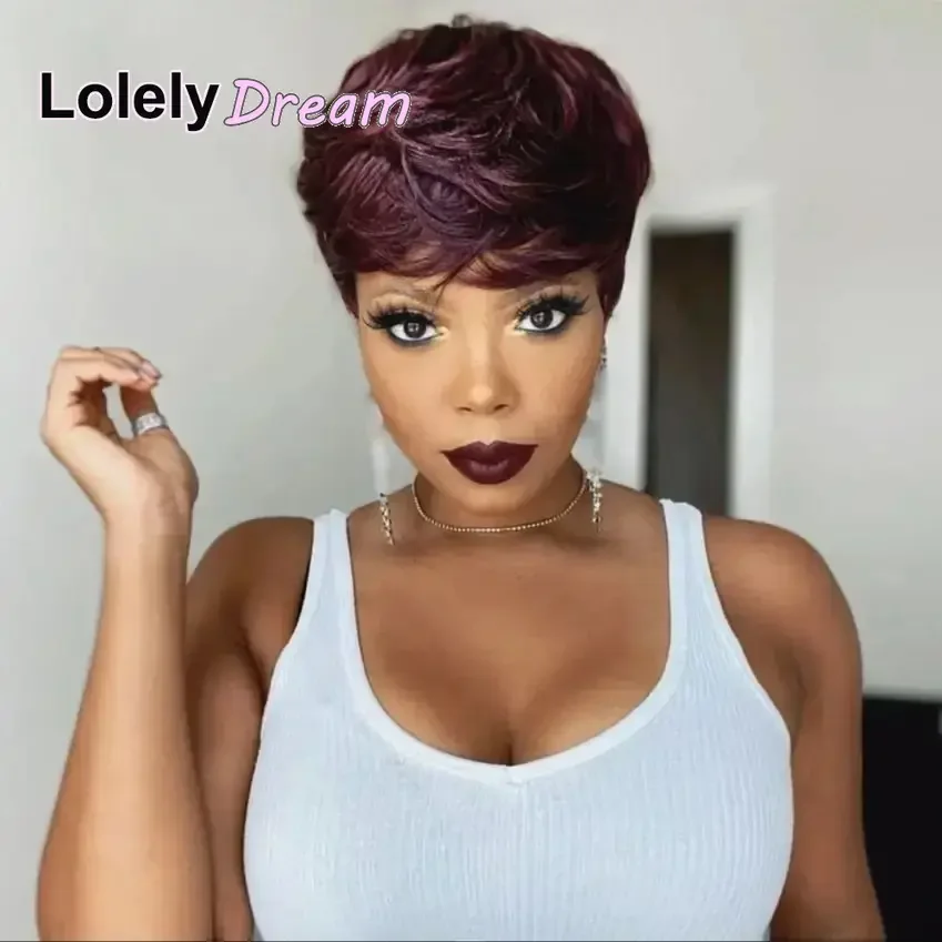 Lolely Dream Straight Remy Human Hair Wigs For Women Full Machine Made Burgundy 99J Color Short Bob Pixie Cut Wig With Bangs