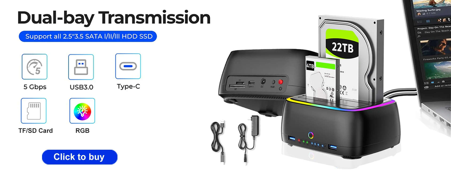 10 IN 1 Dual-Bay-Festplattenstation USB3.0 5 Gbit/s HDD-Dockingstation mit 12 V 3 A Netzteil für 2,5/3,5 Zoll HDD/SSD TF-Karte – Detail 1