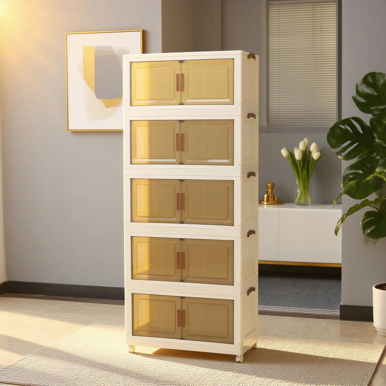 1/5 layer folding storage cabinet, transparent magnetic door + universal wheels + stackable design, hand-assembled.
