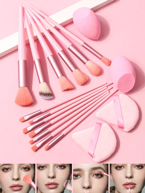 13PCS Makeup Brush Cushion Puff Set Pink Kabuki Foundation Powder Concealer Eyeshadow Eyebrow Brushes Mini Triangle Puff