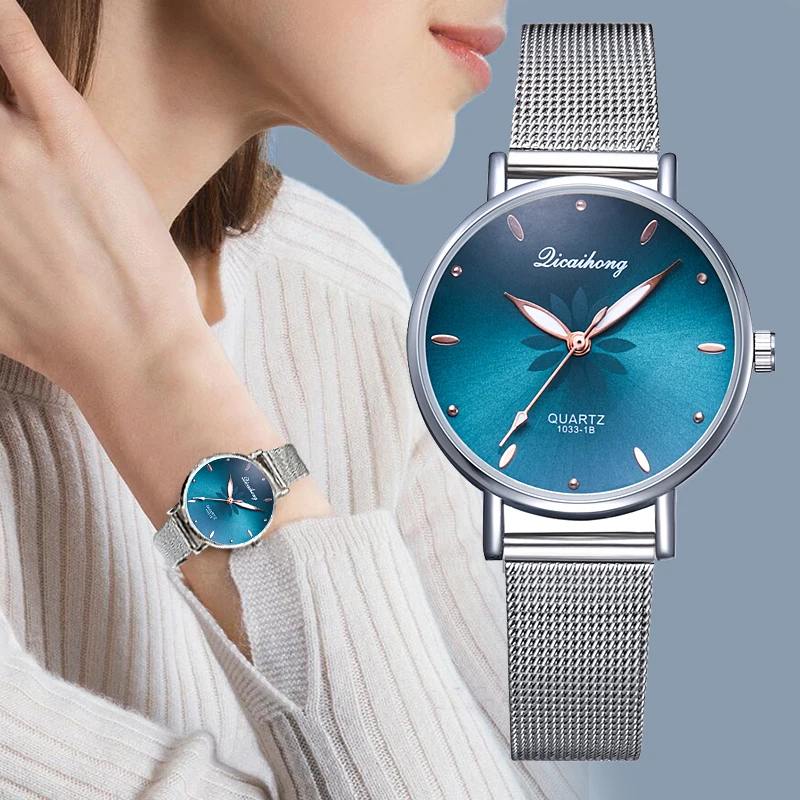 

Luxury Silver Women Wristwatches Flowers Dial Metal Mesh Band Bracelet Quartz Elegant Ladies Quartz Clock Fashion Womens Watche