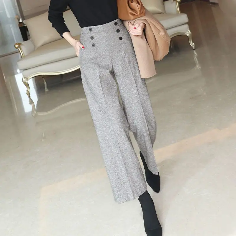 

Casual High Waist Wool Wide Leg Pants for Women Fall Winter Warm Pants Thick Office Straight Trousers Korean Pants Buttons A59