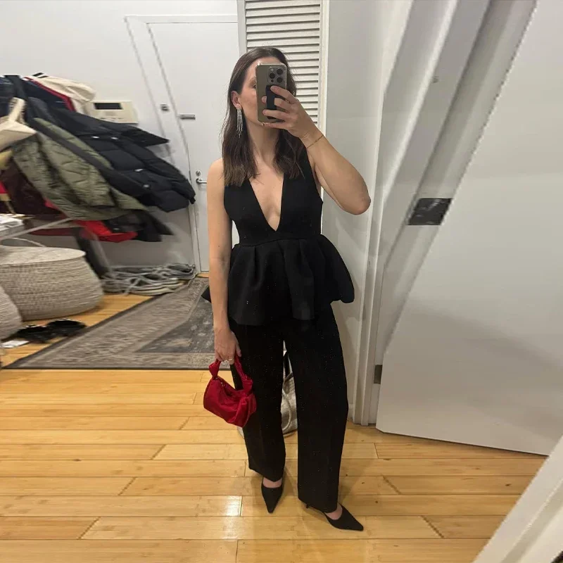 Black Elegant Pant Suit Women V-neck Sleeveless Ruffles Tank Tops Loose Trouser Female 2 Pieces 2025 Fashion Lady Outfits New