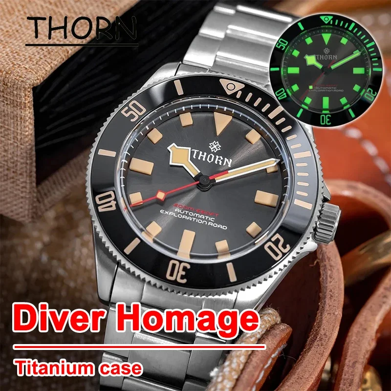 

THORN Homage Diver Watch 39mm Titanium Case PT5000 Automatic Mechanical Sapphire Luminous Ceramic Bezel 20Bar Men's Wristwatch