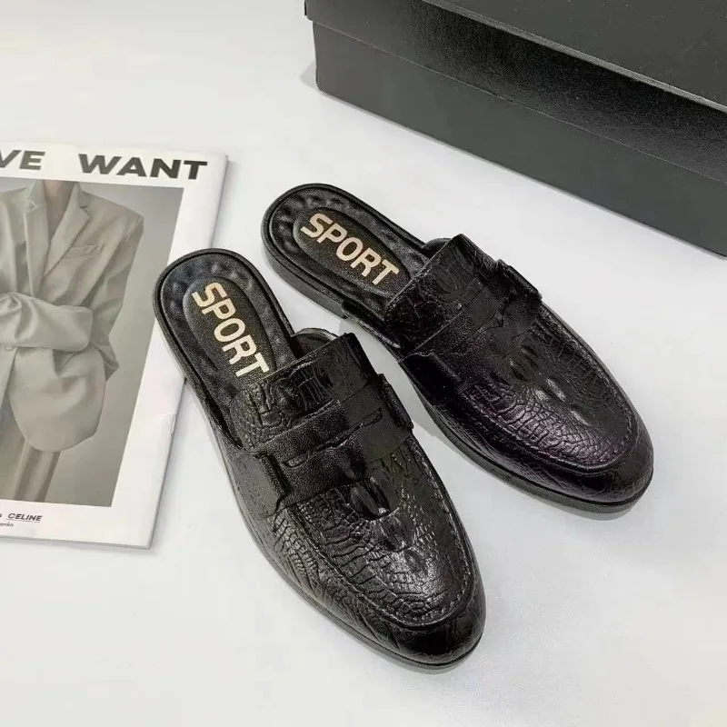 New Men's Loafers Luxury Business Half Shoes for Male Patent Leather Mules Non-slip Outdoor Summer Fashion Slippers